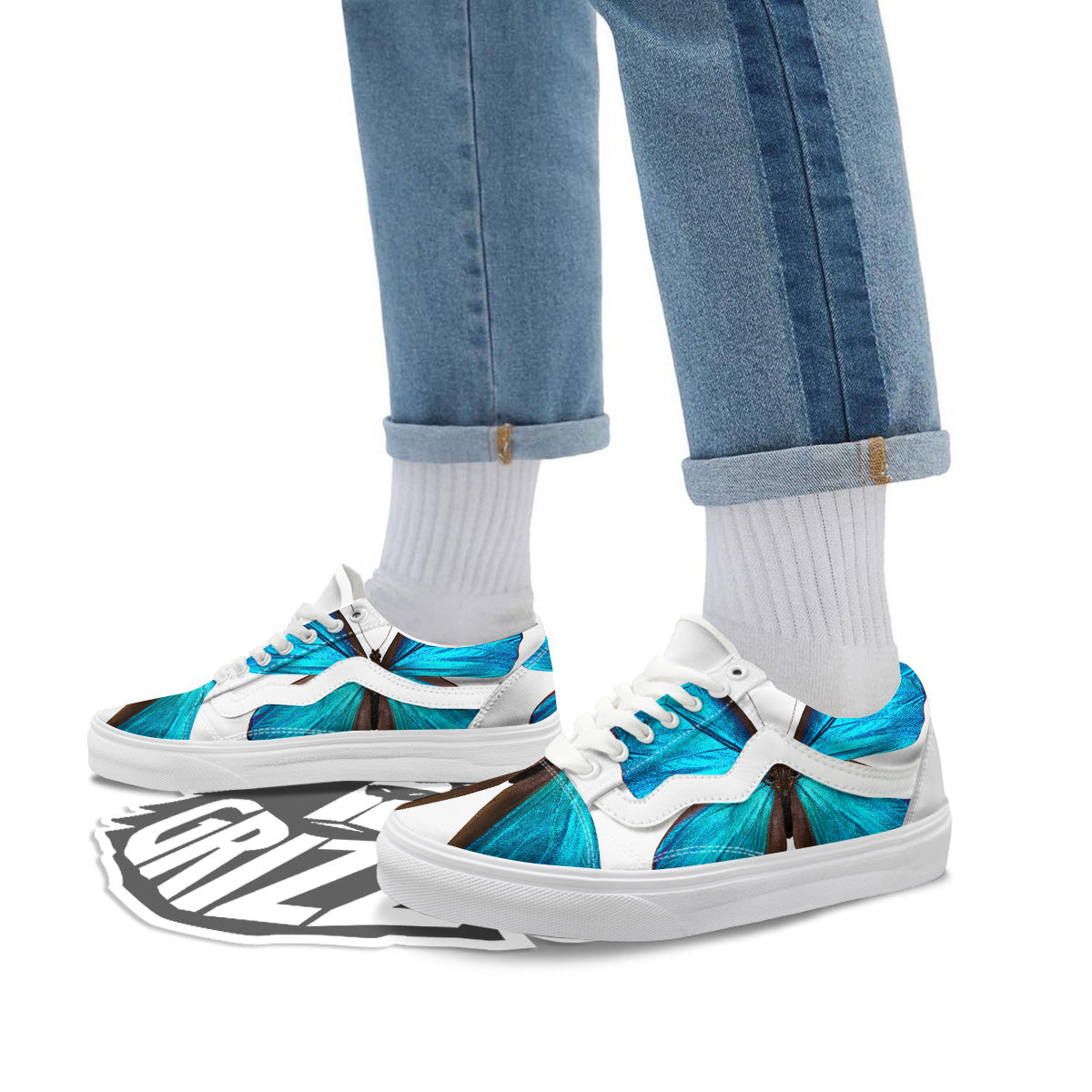 Butterfly Wings Blue Monarch Print Skate Shoes-grizzshop