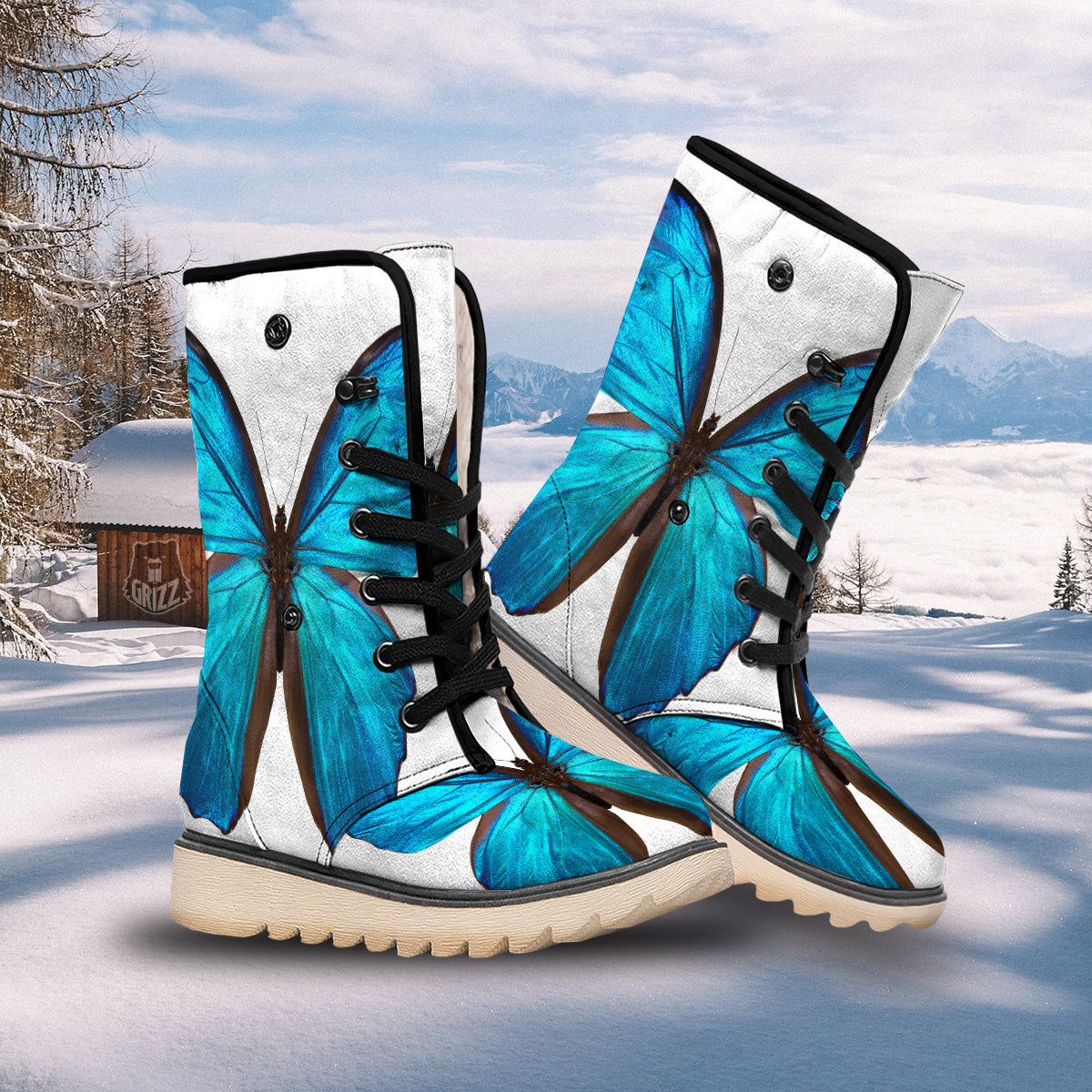 Butterfly Wings Blue Monarch Print Snow Boots-grizzshop