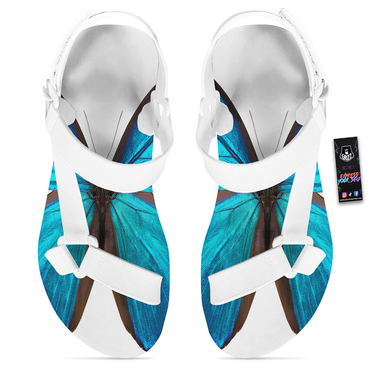 Butterfly Wings Blue Monarch Print White Open Toe Sandals-grizzshop