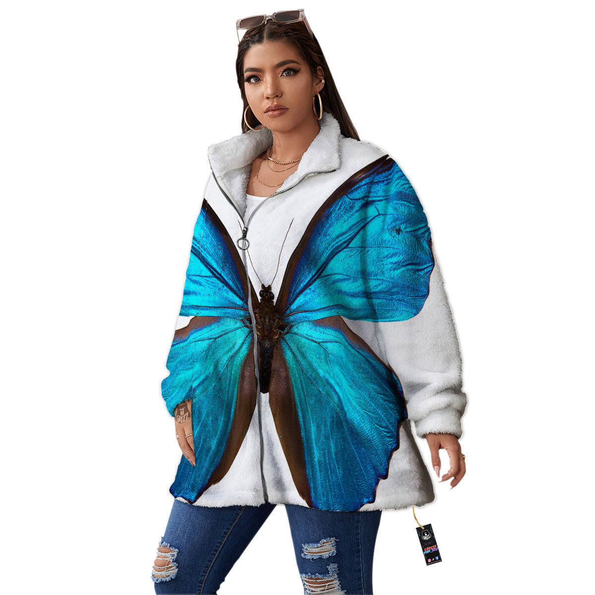 Butterfly Wings Blue Monarch Print Women's Sherpa Jacket-grizzshop