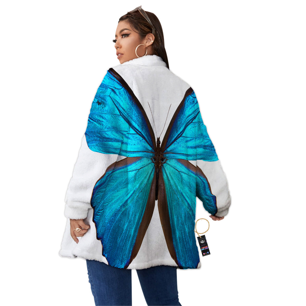 Butterfly Wings Blue Monarch Print Women's Sherpa Jacket-grizzshop