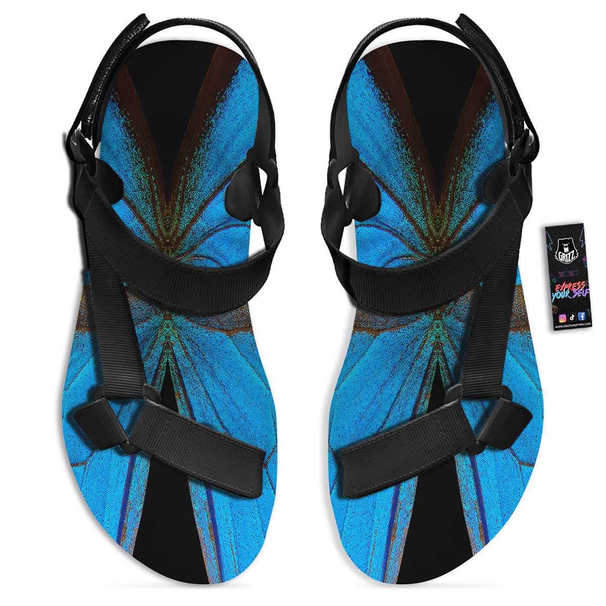 Butterfly Wings Blue Print Black Open Toe Sandals-grizzshop