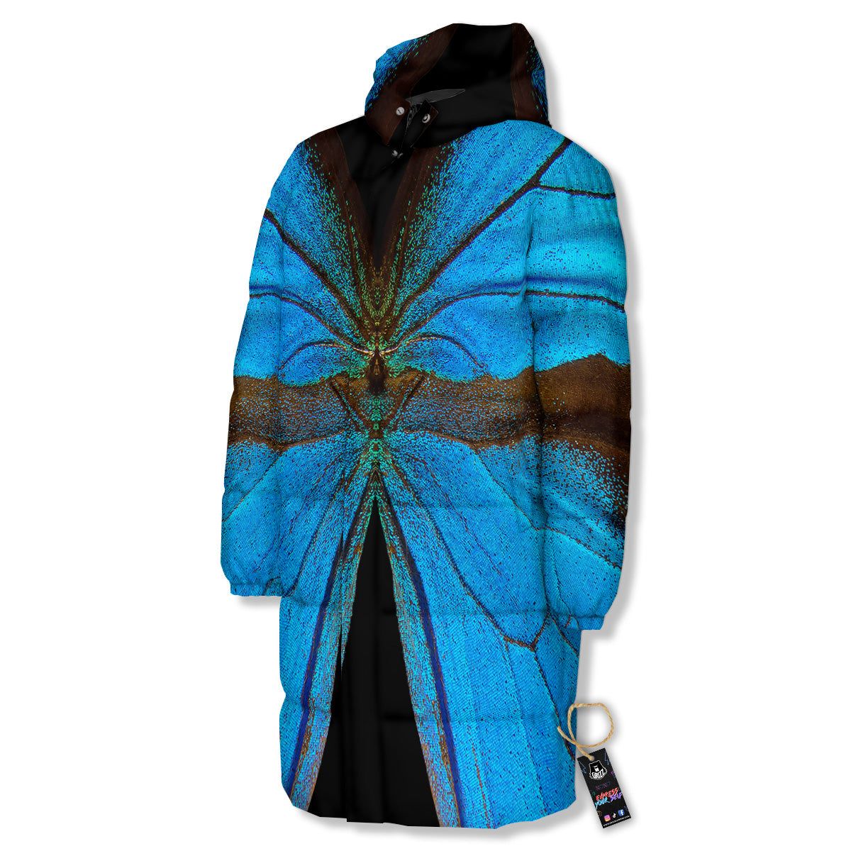Butterfly Wings Blue Print Long Down Jacket-grizzshop