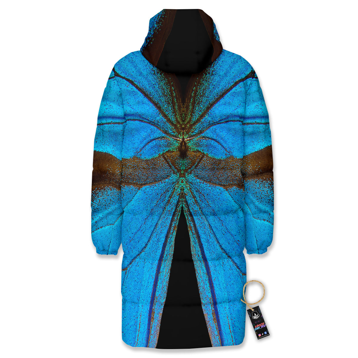 Butterfly Wings Blue Print Long Down Jacket-grizzshop