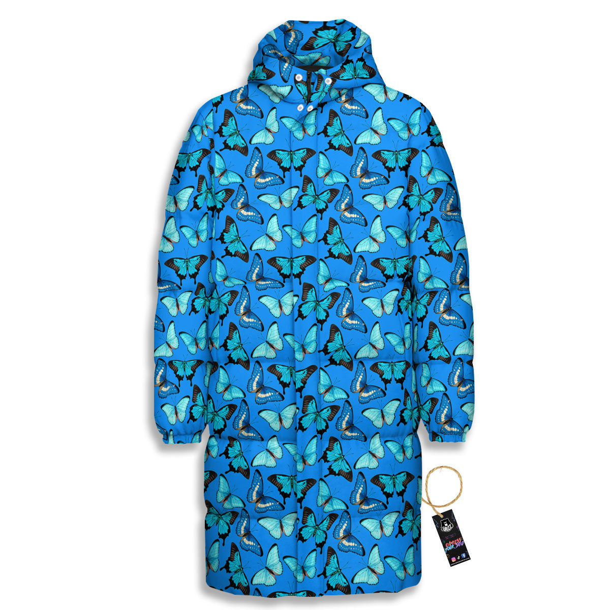 Butterfly Wings Blue Print Pattern Long Down Jacket-grizzshop