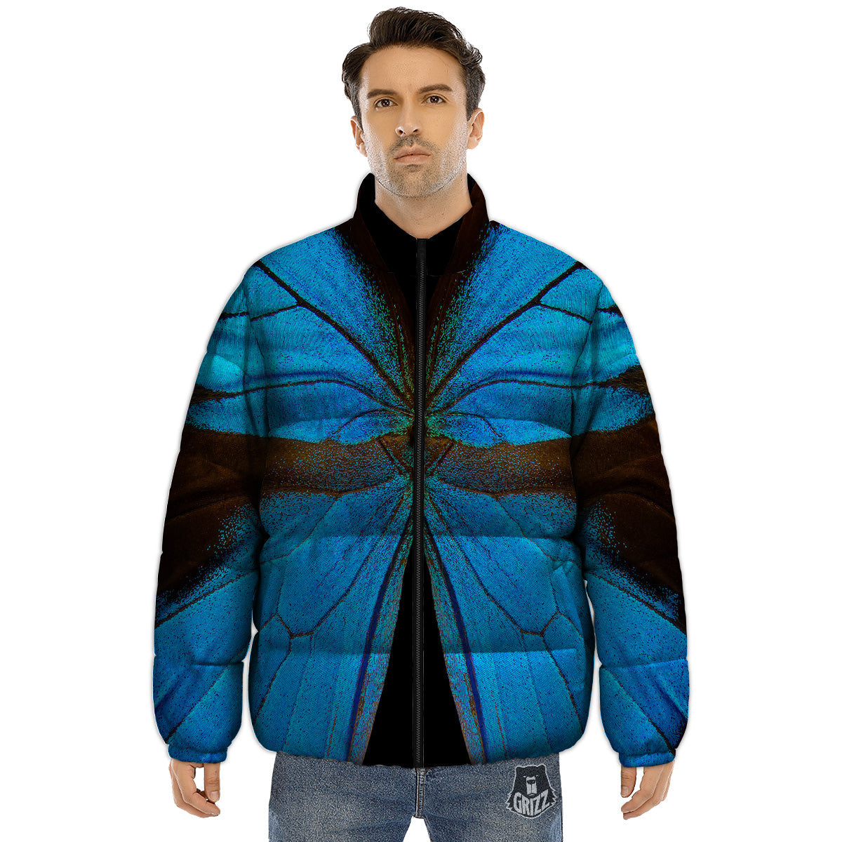 Butterfly Wings Blue Print Puffer Jacket-grizzshop