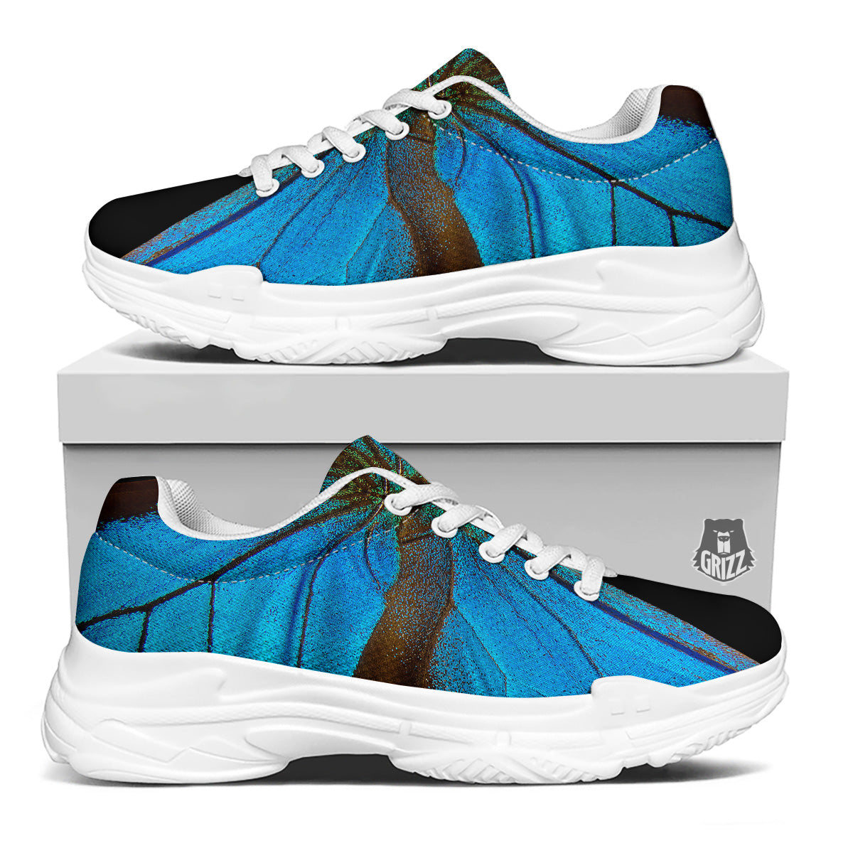 Butterfly Wings Blue Print White Chunky Shoes-grizzshop