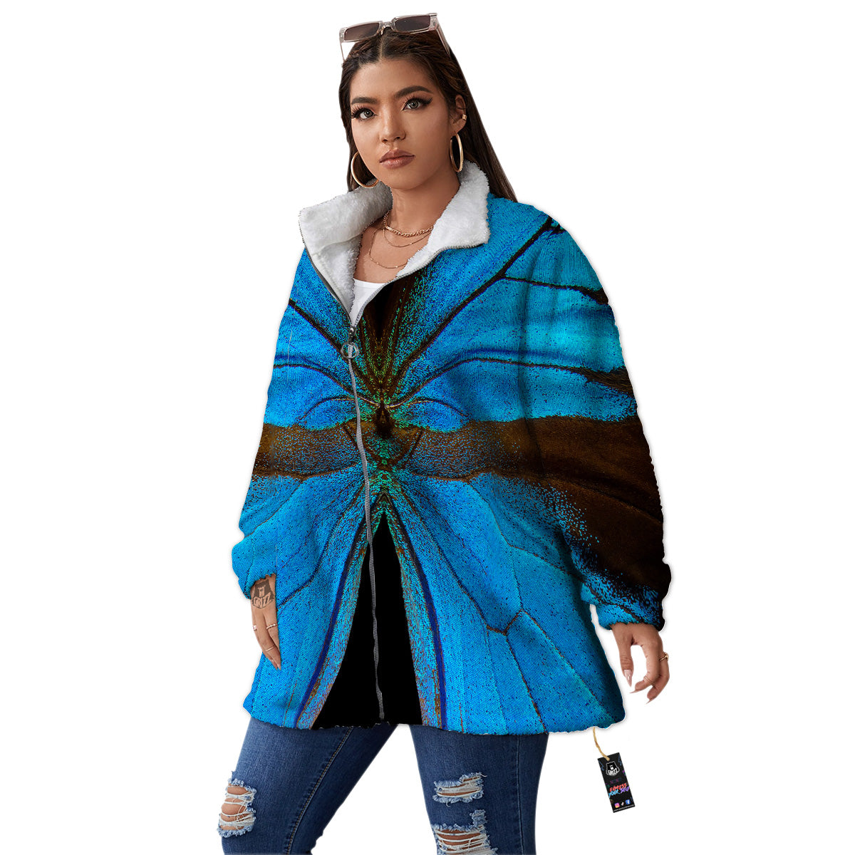 Butterfly Wings Blue Print Women's Sherpa Jacket-grizzshop