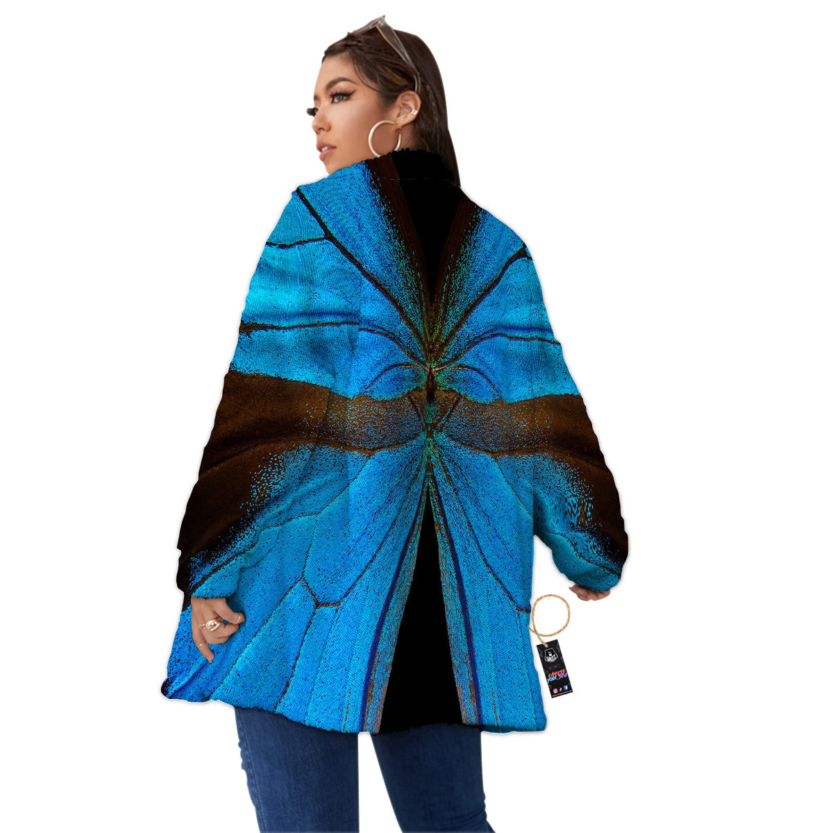 Butterfly Wings Blue Print Women's Sherpa Jacket-grizzshop