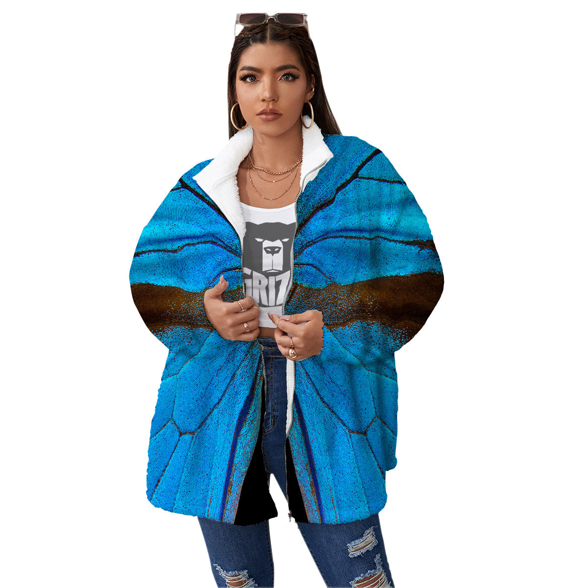 Butterfly Wings Blue Print Women's Sherpa Jacket-grizzshop