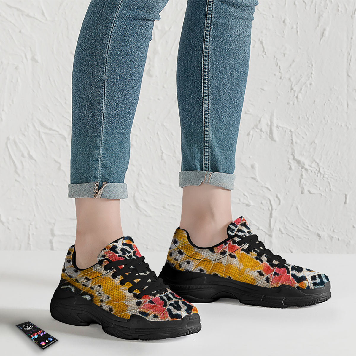 Butterfly Wings Orange Monarch Print Black Chunky Shoes-grizzshop