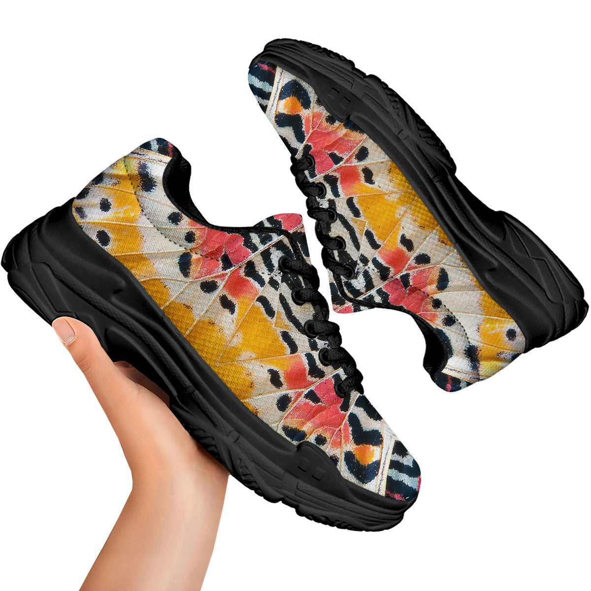 Butterfly Wings Orange Monarch Print Black Chunky Shoes-grizzshop