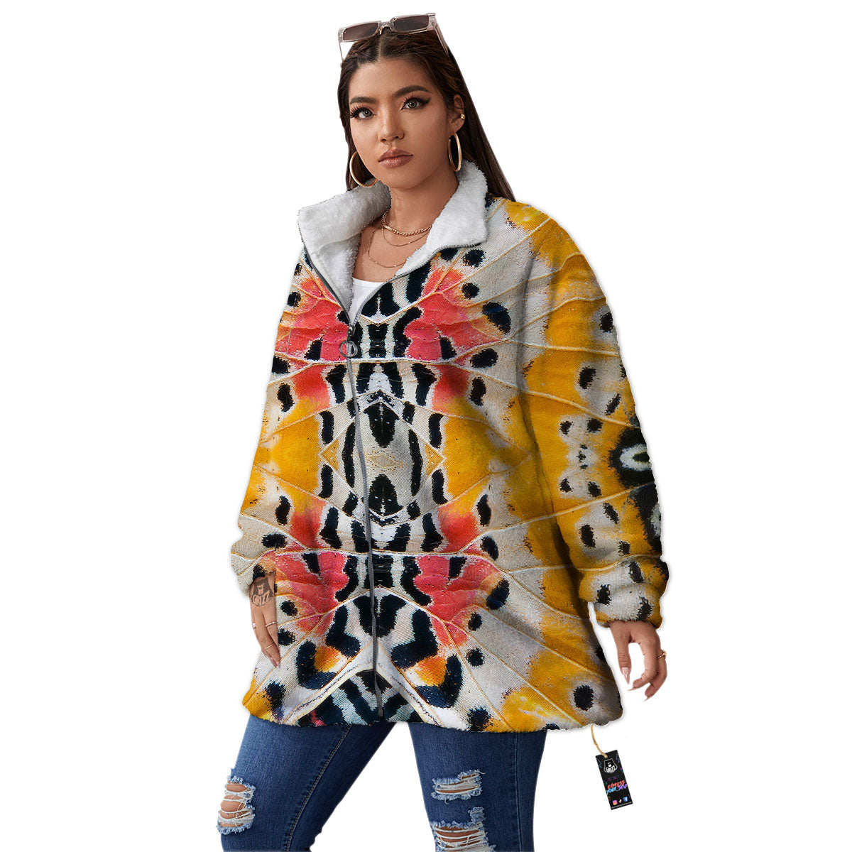 Butterfly Wings Orange Monarch Print Women's Sherpa Jacket-grizzshop