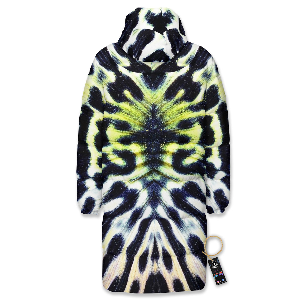 Butterfly Wing Skin Black White And Green Print Long Down Jacket