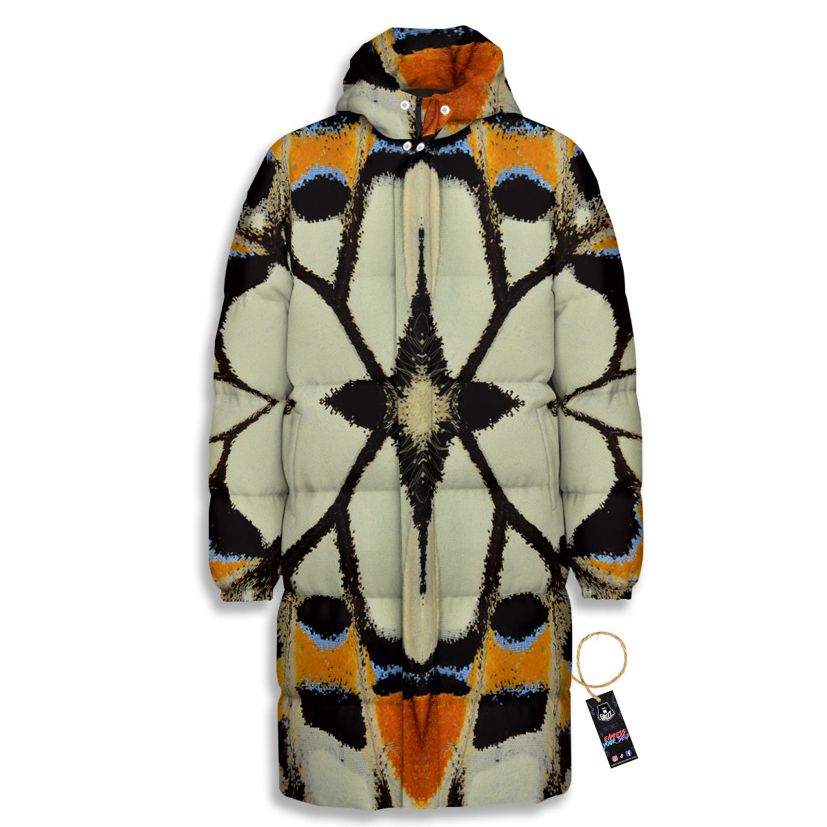Butterfly Wing Skin White Orange Print Long Down Jacket
