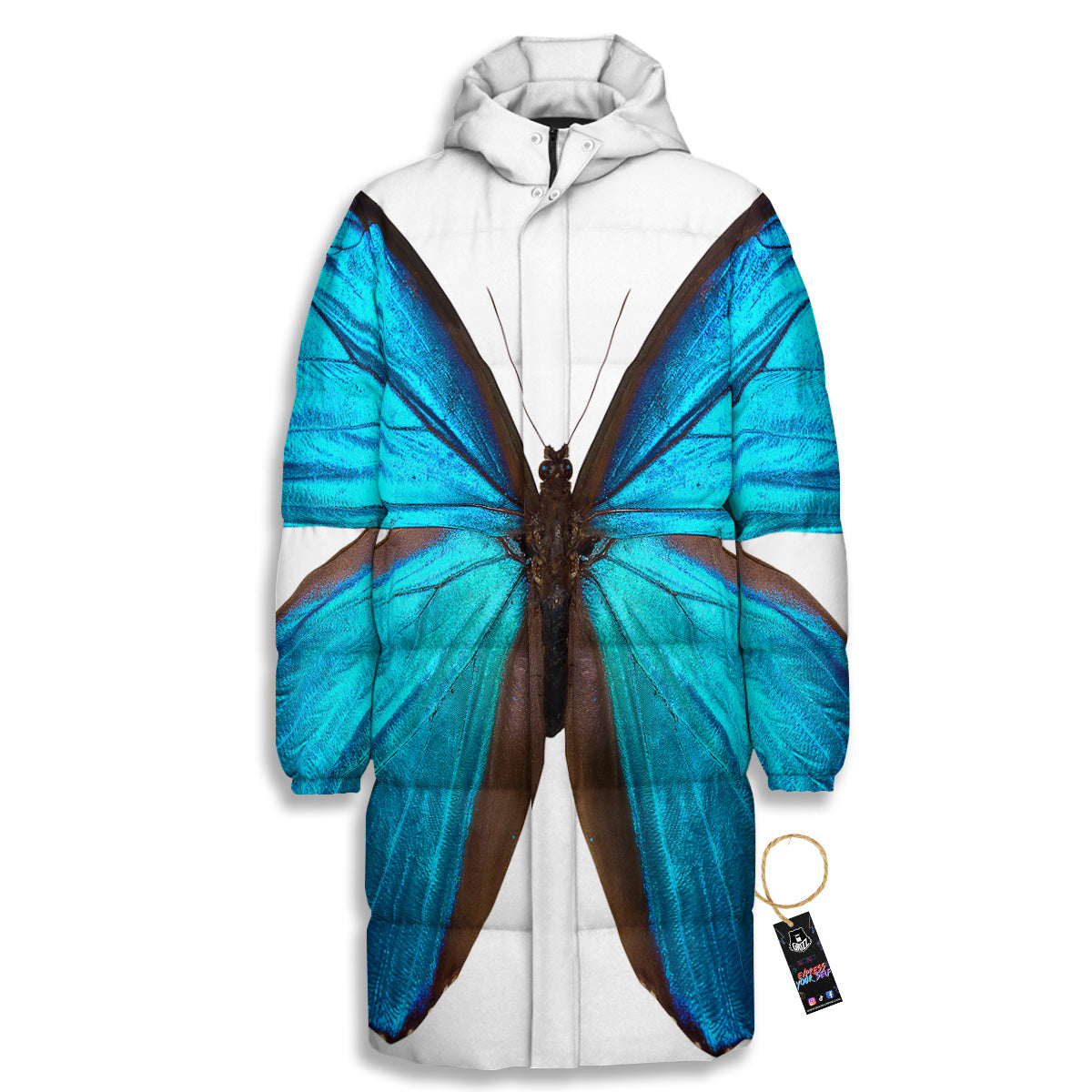 Butterfly Wings Blue Monarch Print Long Down Jacket