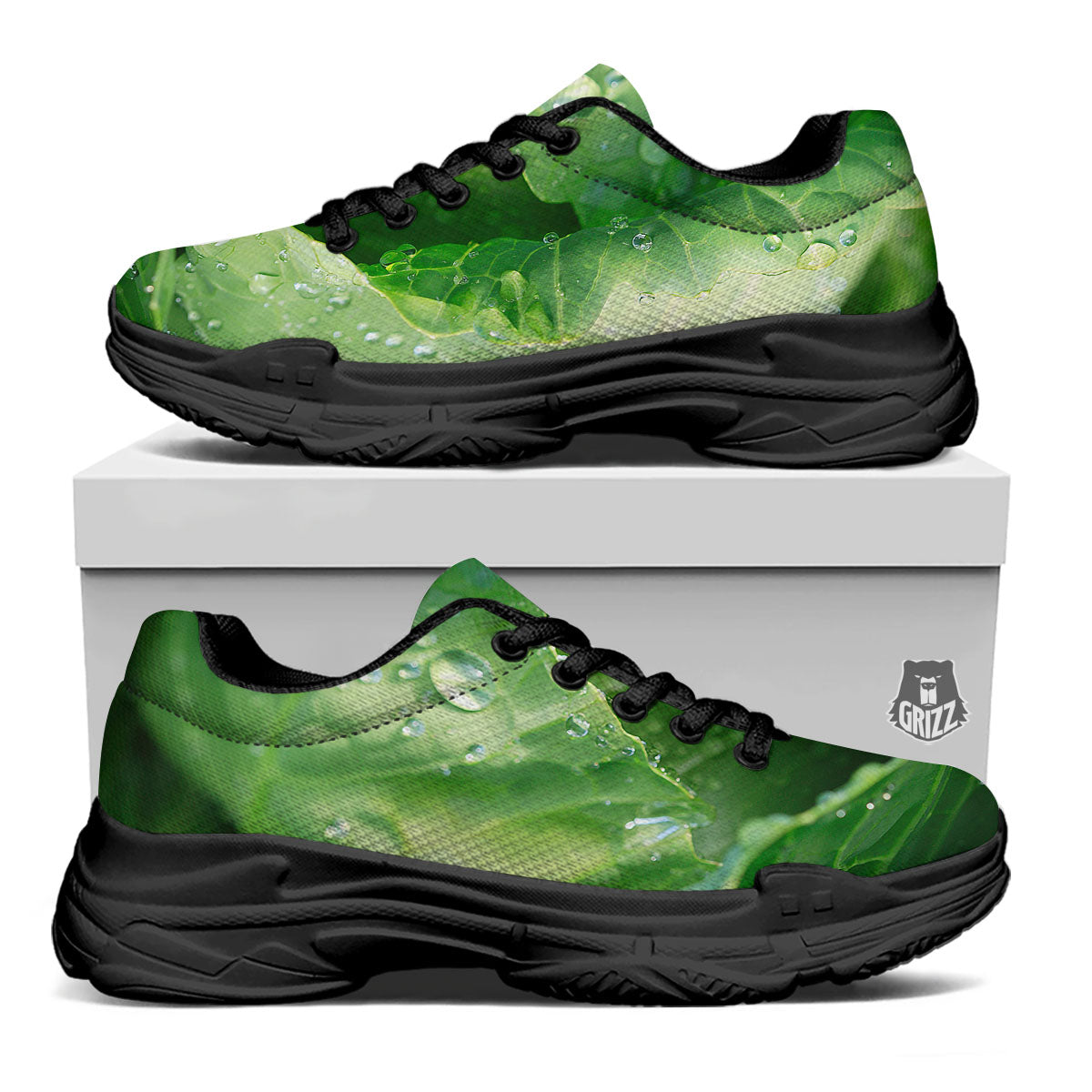 Cabbage Fresh Leaf Print Black Chunky Shoes-grizzshop