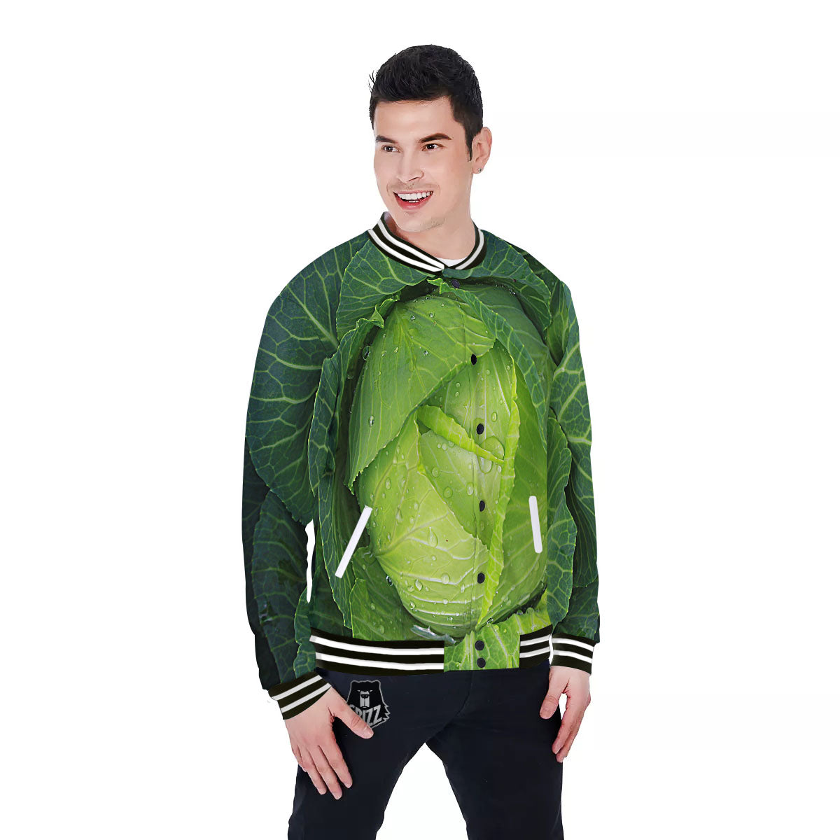 Cabbage Green Print Baseball Jacket-grizzshop