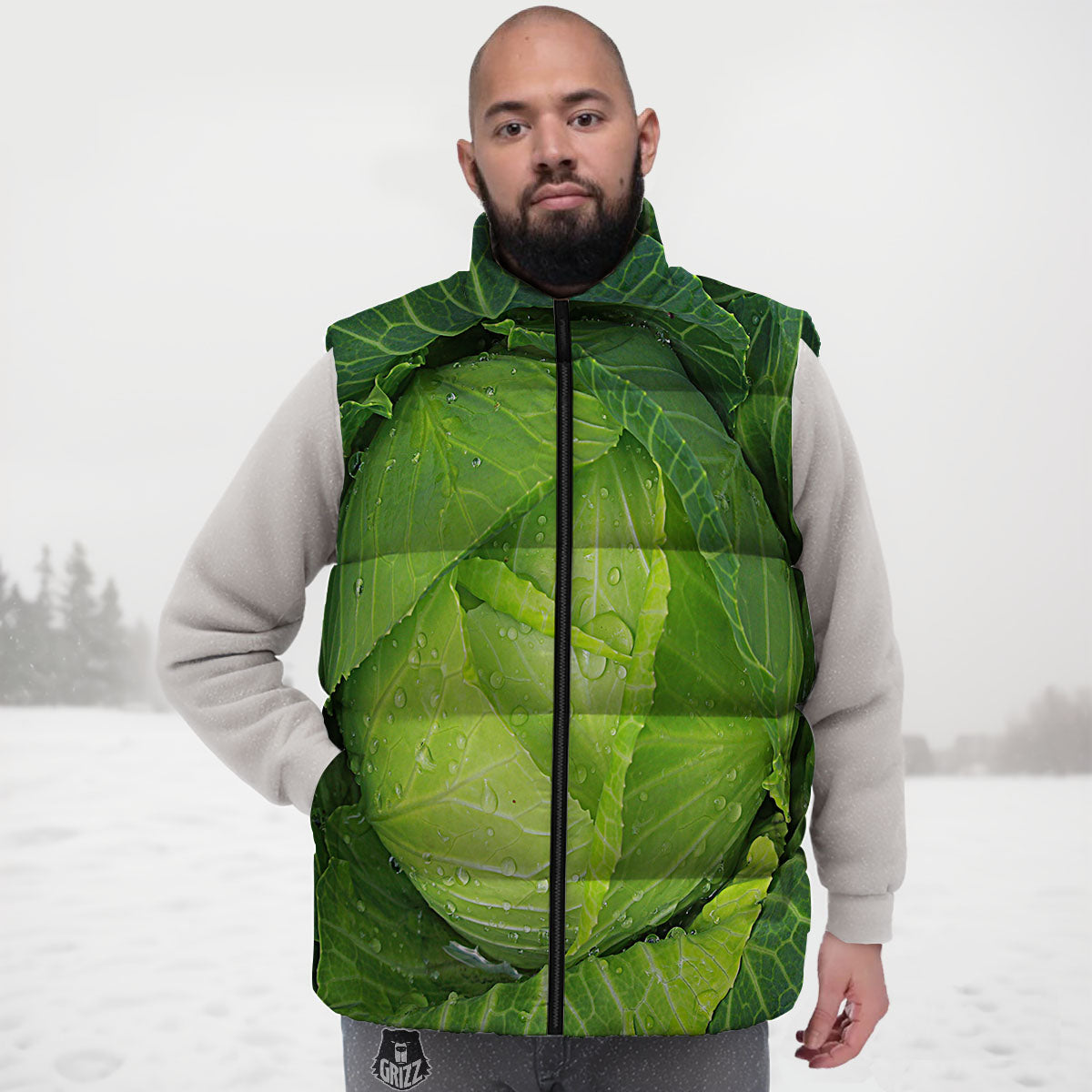 Cabbage Green Print Down Vest-grizzshop