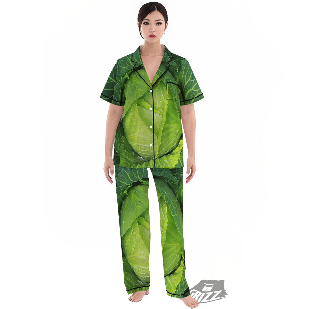 Cabbage Green Print Women's Pajamas Set-grizzshop