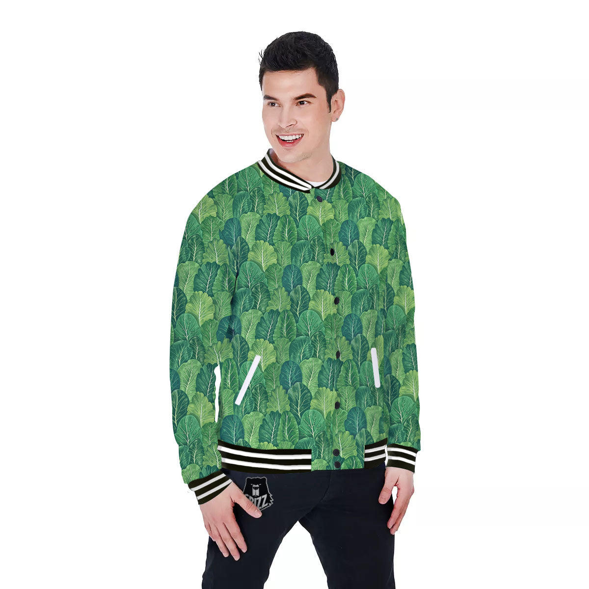 Cabbage Leaf Green Print Baseball Jacket-grizzshop