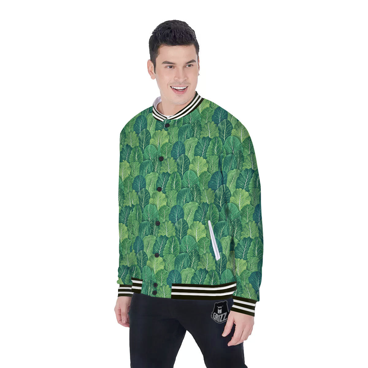 Cabbage Leaf Green Print Baseball Jacket-grizzshop