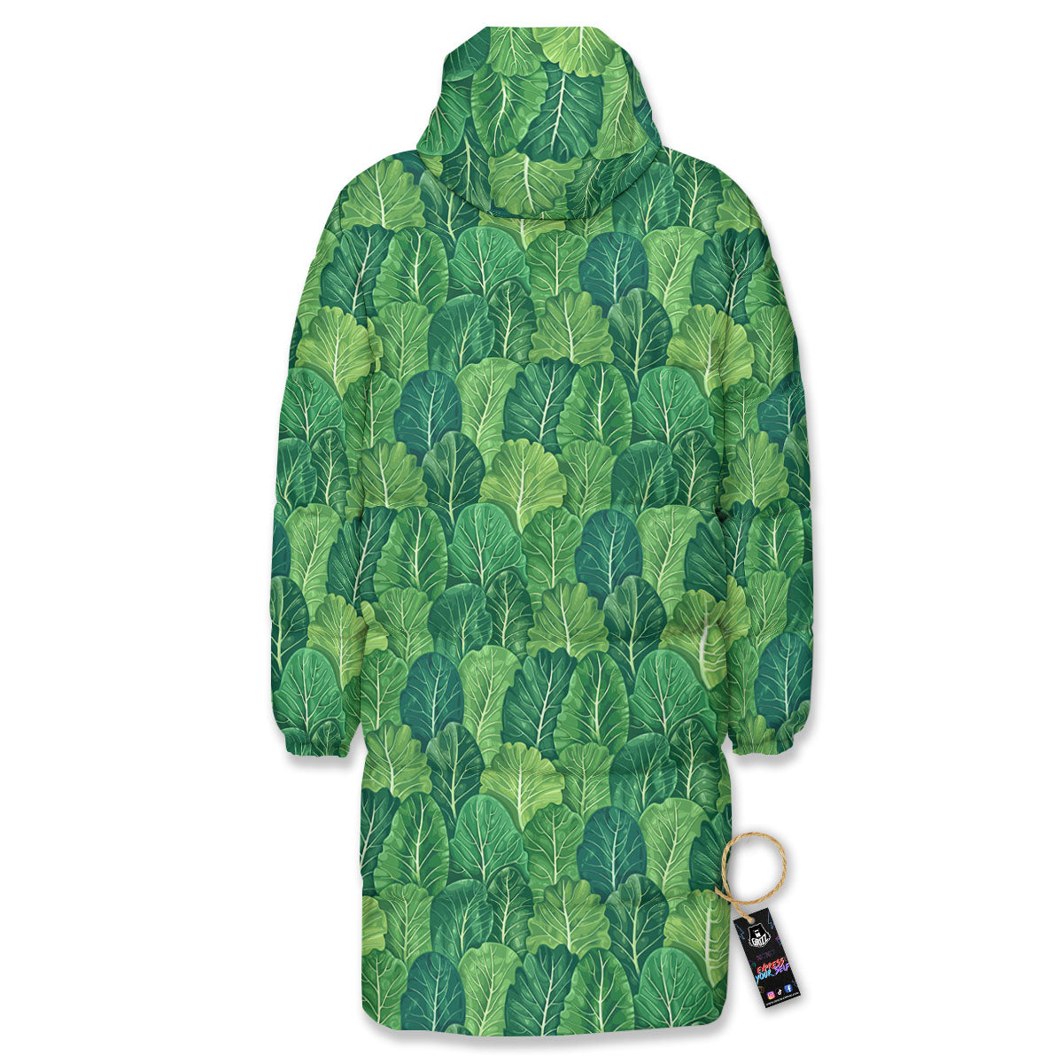 Cabbage Leaf Green Print Long Down Jacket-grizzshop
