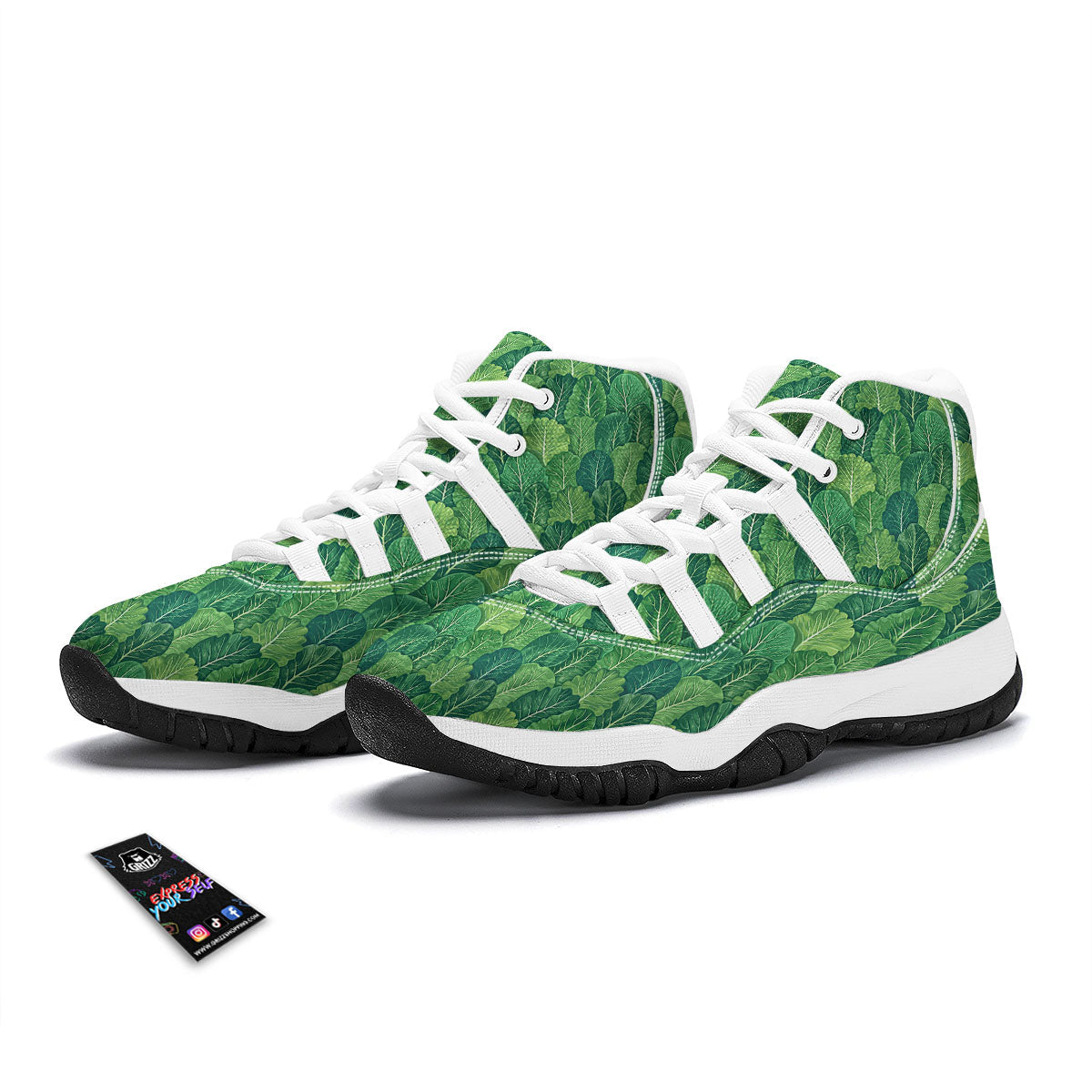 Cabbage Leaf Green Print White Bball Shoes-grizzshop