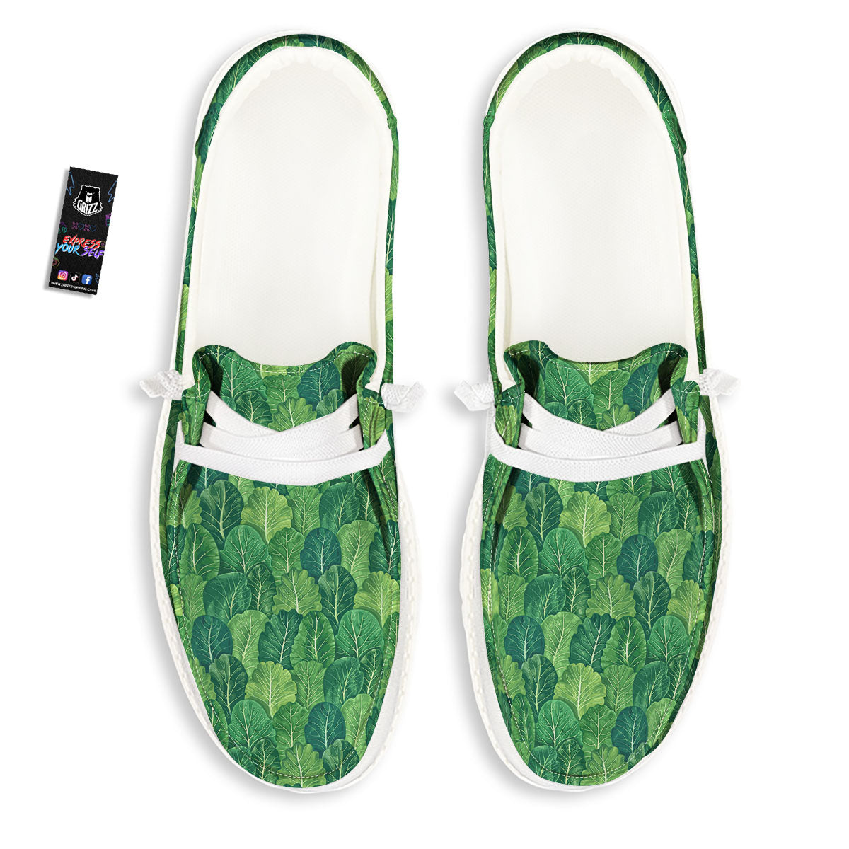 Cabbage Leaf Green Print White Loafers-grizzshop