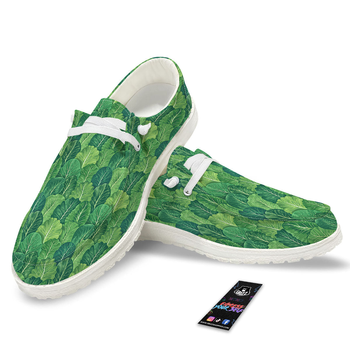 Cabbage Leaf Green Print White Loafers-grizzshop