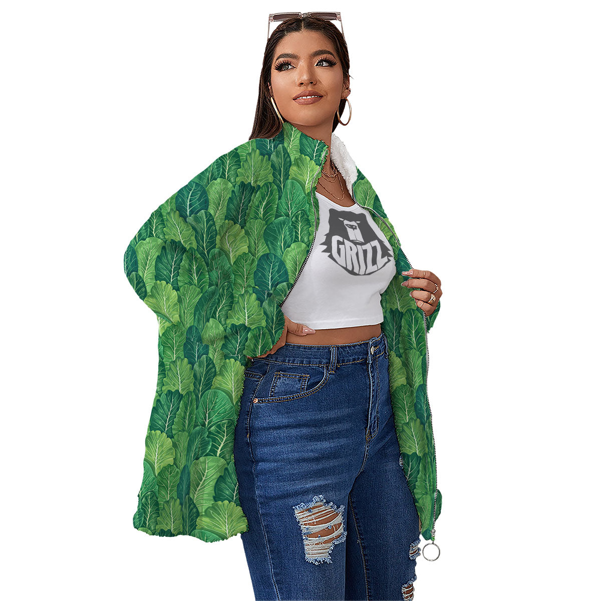 Cabbage Leaf Green Print Women's Sherpa Jacket-grizzshop