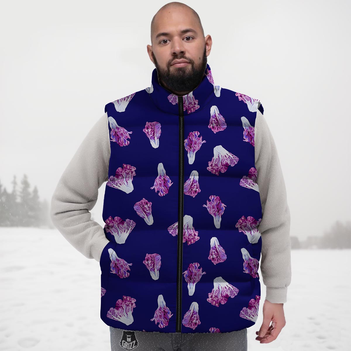 Cabbage Leaves Purple Print Pattern Down Vest-grizzshop