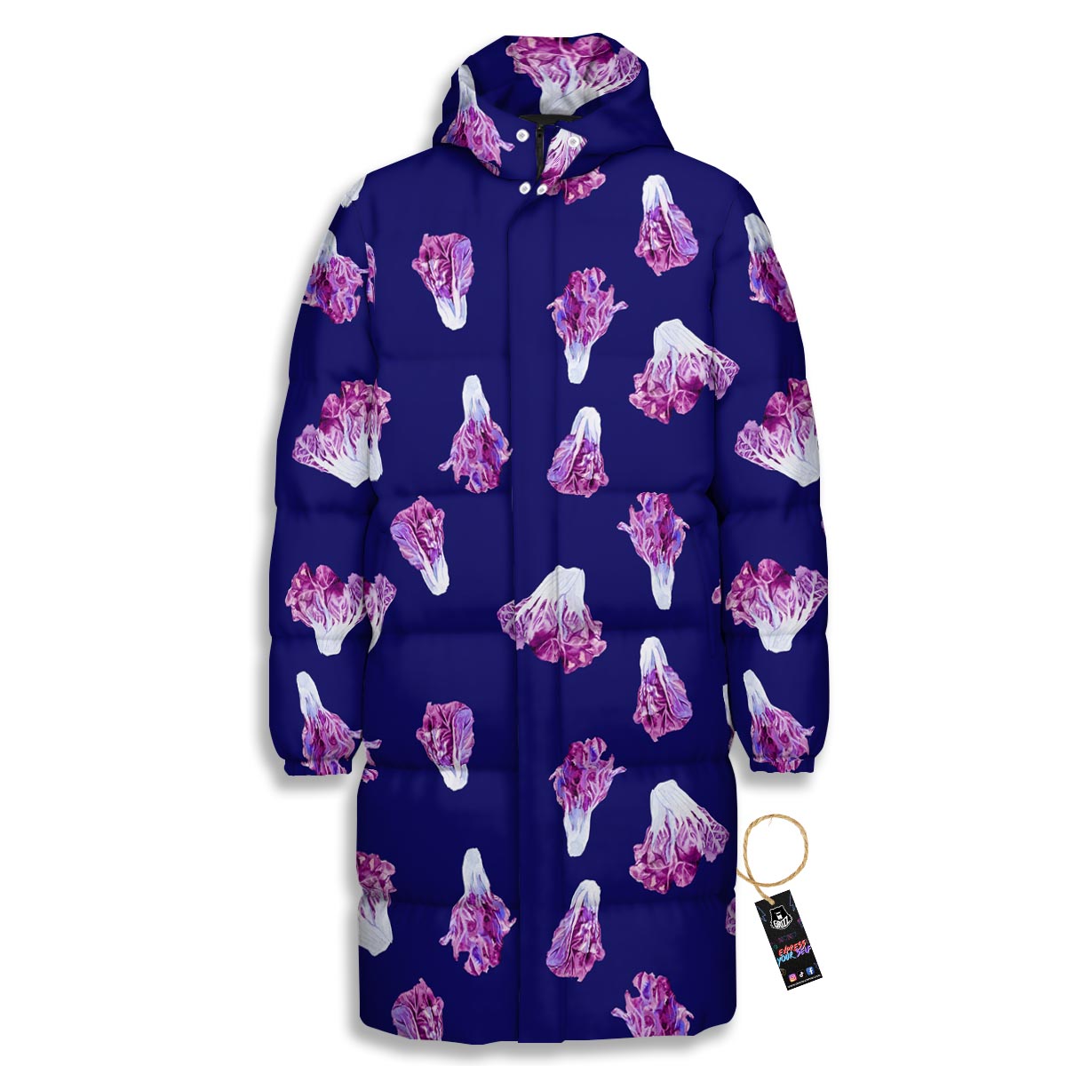 Cabbage Leaves Purple Print Pattern Long Down Jacket-grizzshop