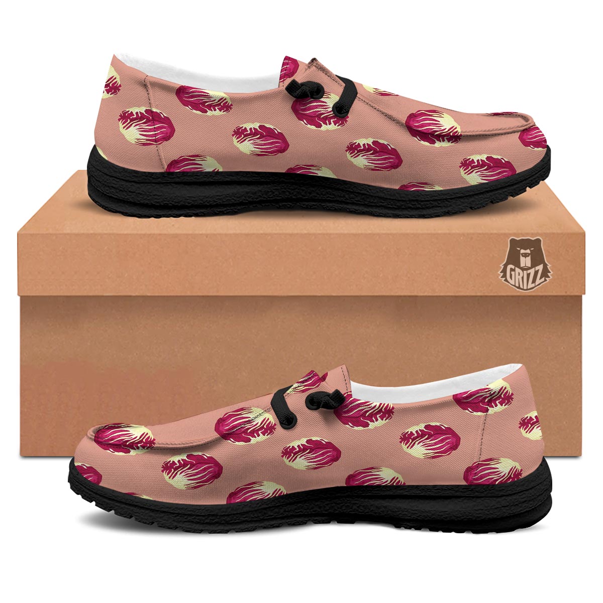 Cabbage Red Print Pattern Black Loafers-grizzshop