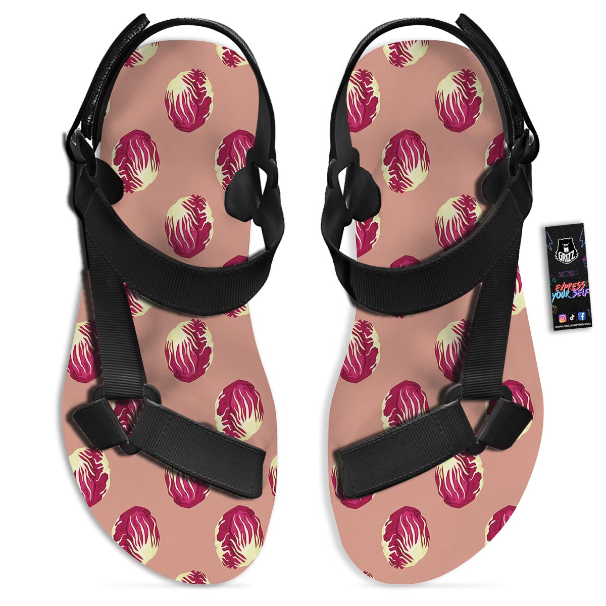 Cabbage Red Print Pattern Black Open Toe Sandals-grizzshop