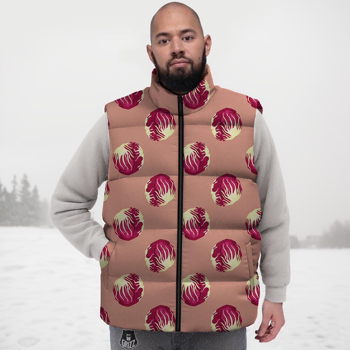 Cabbage Red Print Pattern Down Vest-grizzshop