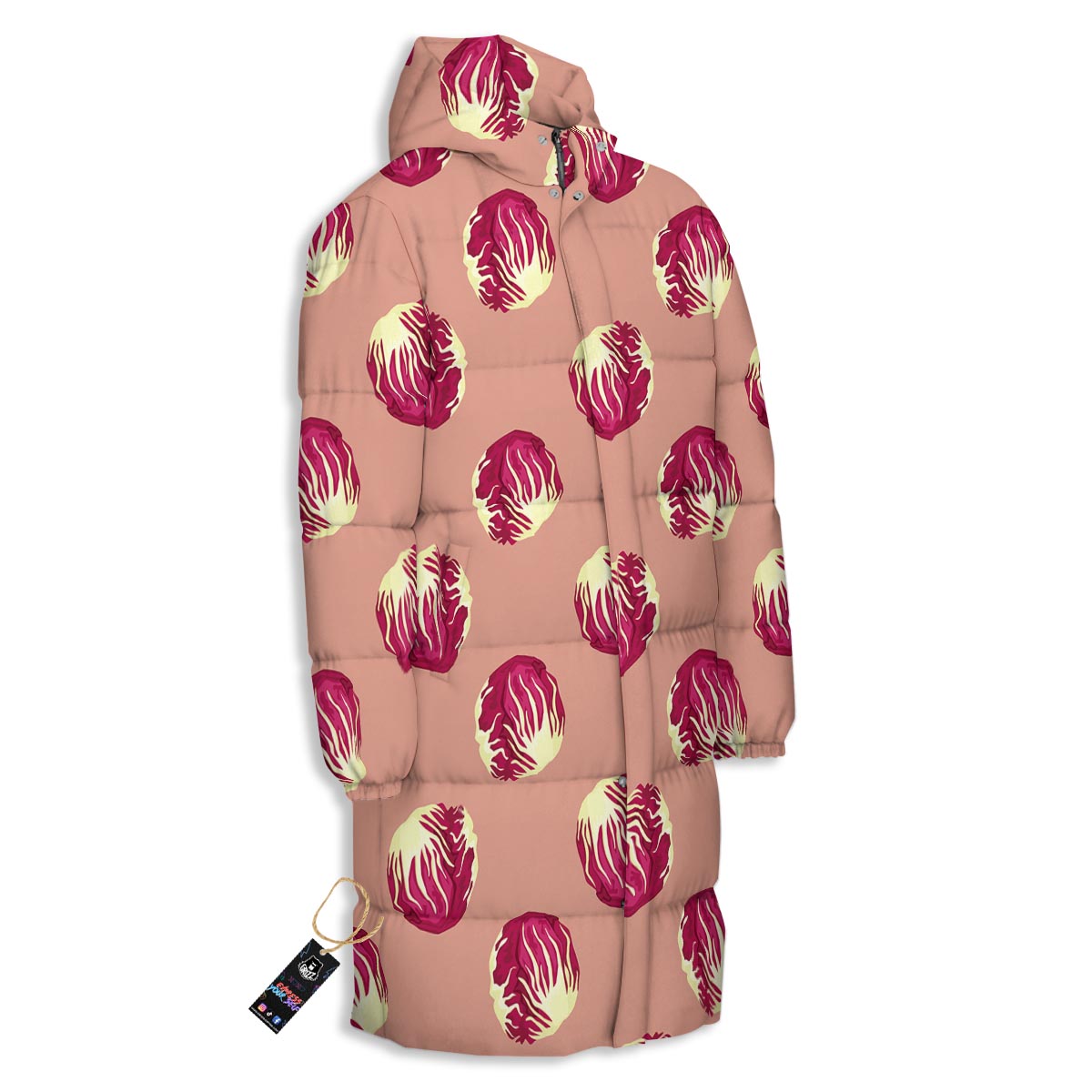 Cabbage Red Print Pattern Long Down Jacket-grizzshop