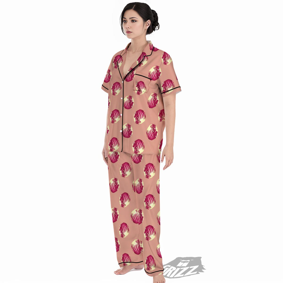 Cabbage Red Print Pattern Women's Pajamas Set-grizzshop
