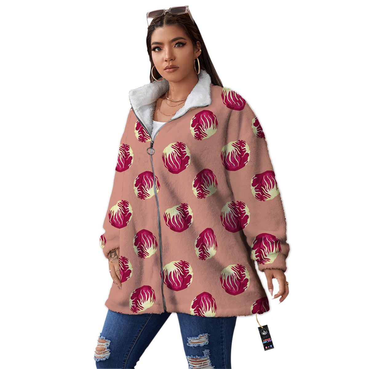 Cabbage Red Print Pattern Women's Sherpa Jacket-grizzshop