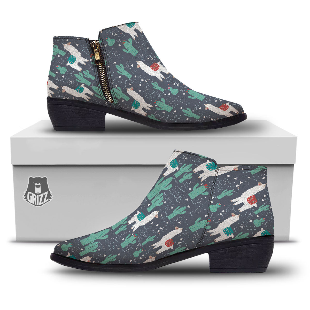 Cactus And Happy Llama Print Pattern Ankle Boots-grizzshop
