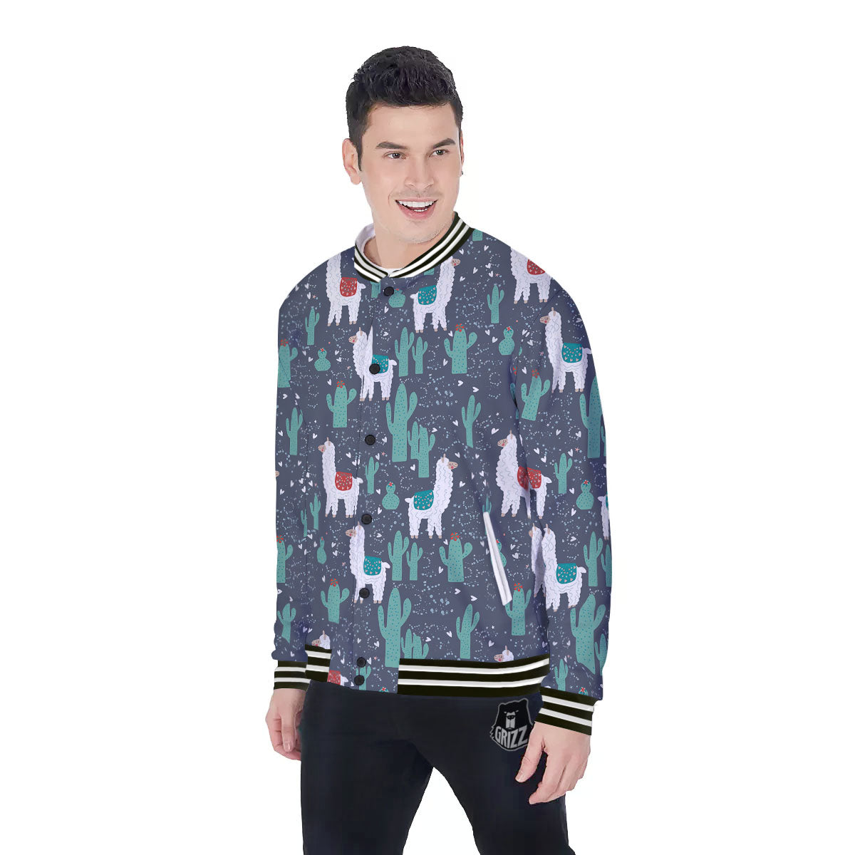 Cactus And Happy Llama Print Pattern Baseball Jacket-grizzshop