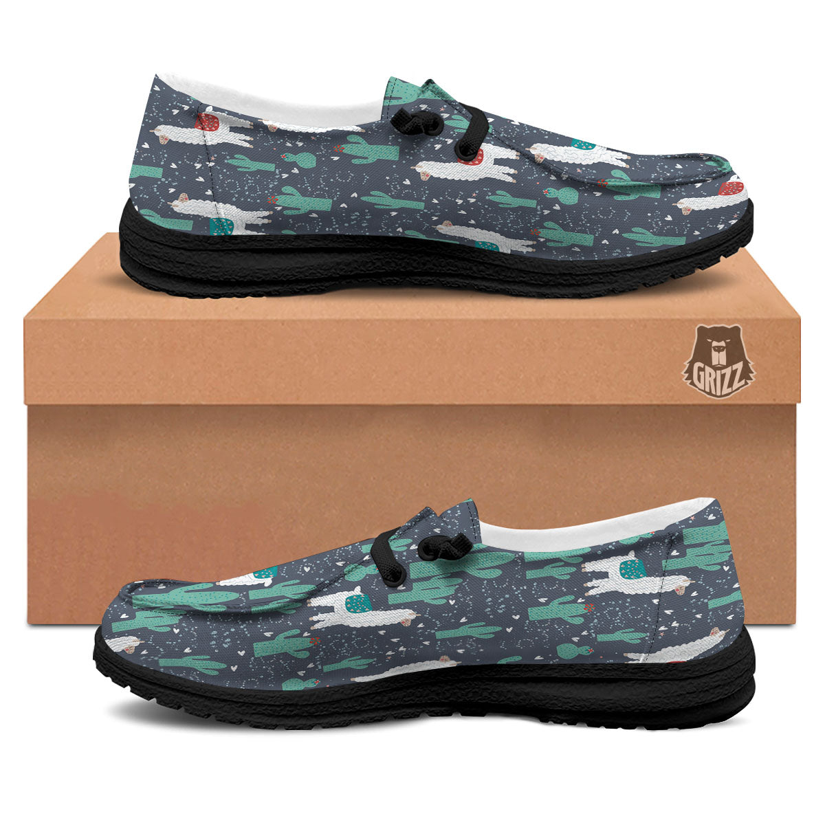 Cactus And Happy Llama Print Pattern Black Loafers-grizzshop