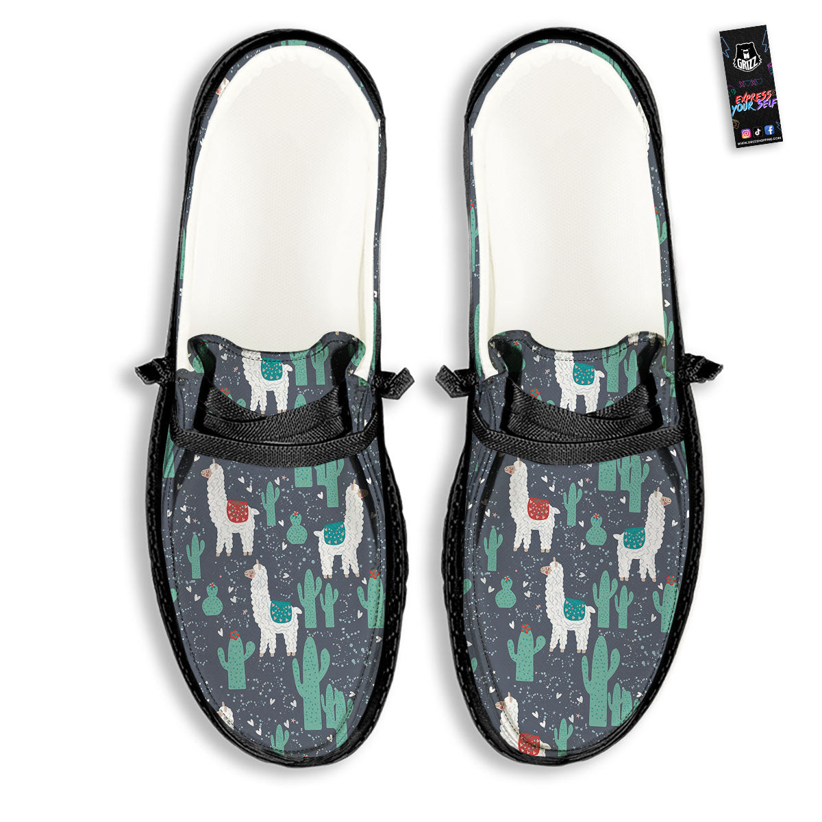 Cactus And Happy Llama Print Pattern Black Loafers-grizzshop