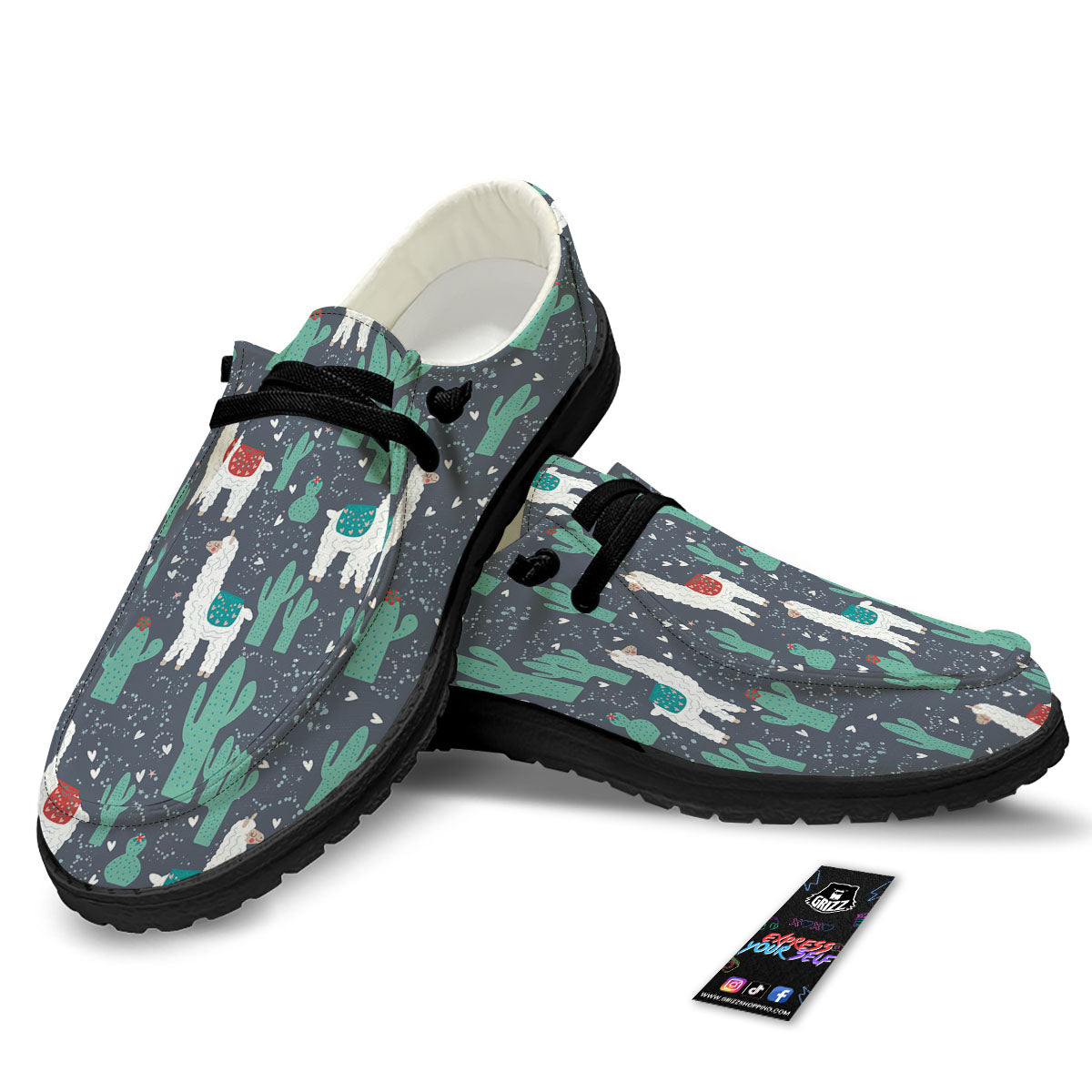 Cactus And Happy Llama Print Pattern Black Loafers-grizzshop