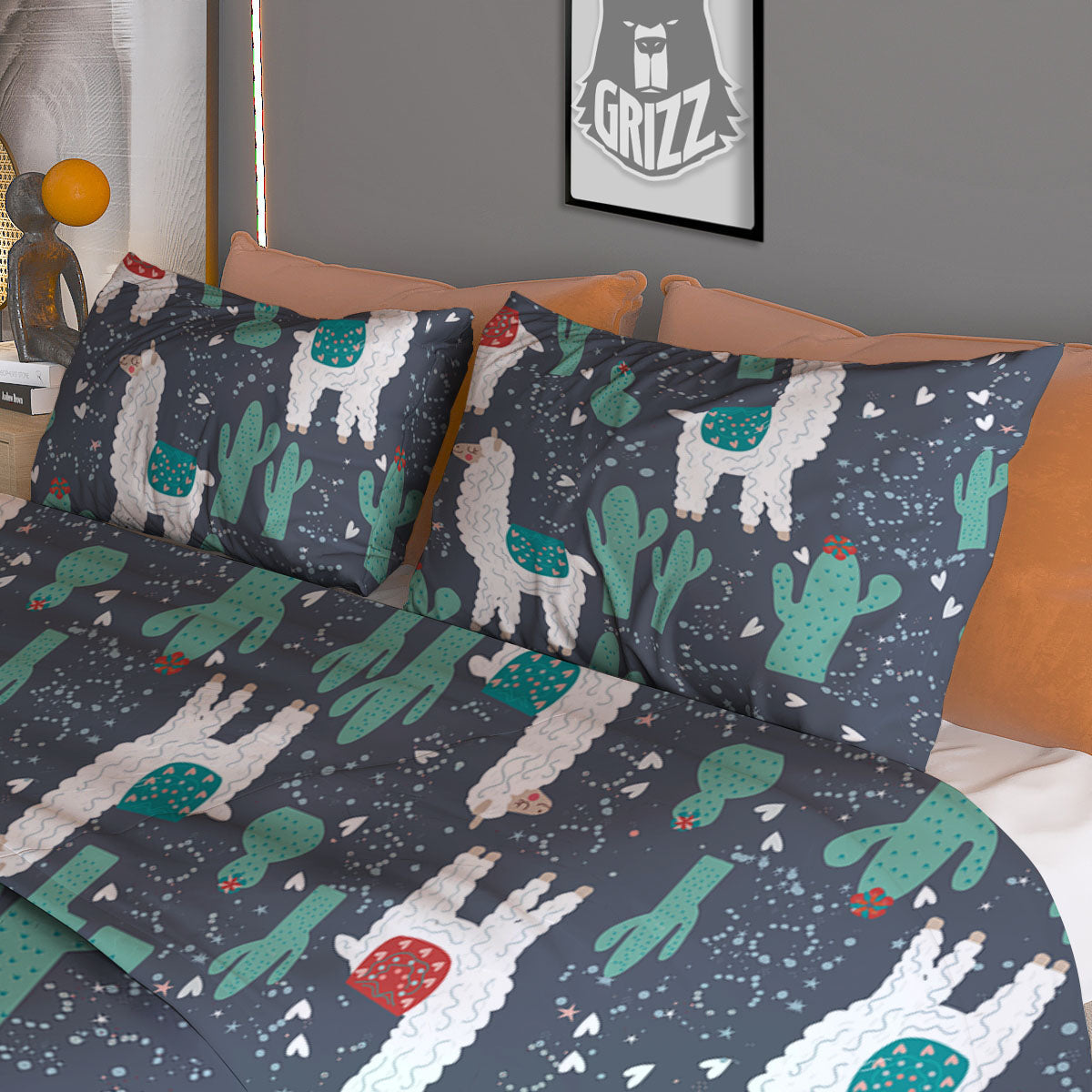 Cactus And Happy Llama Print Pattern Duvet Cover Bedding Set