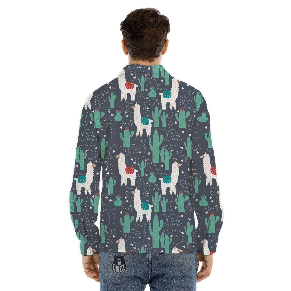 Cactus And Happy Llama Print Pattern Men's Dress Shirts-grizzshop
