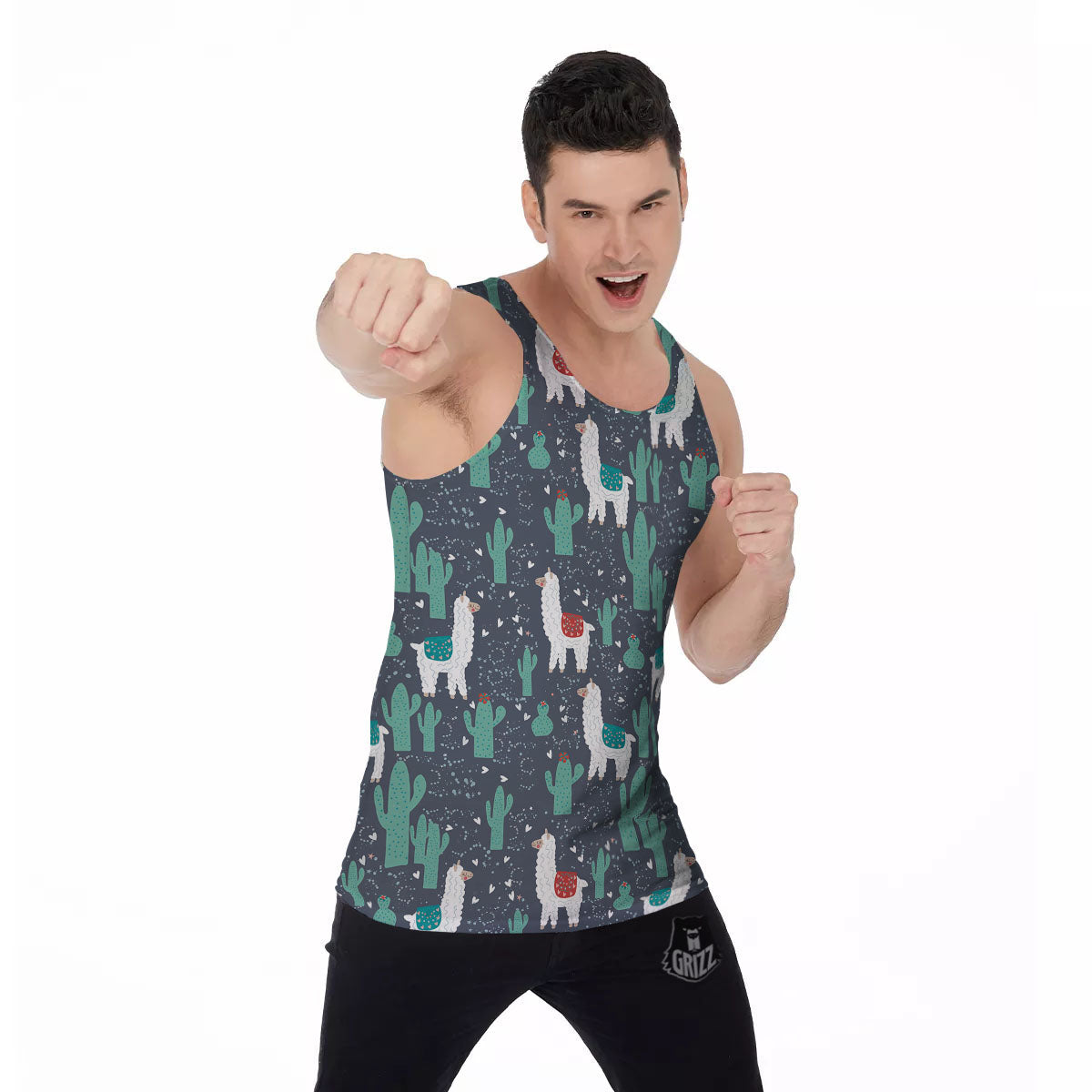Cactus And Happy Llama Print Pattern Men's Tank Top-grizzshop