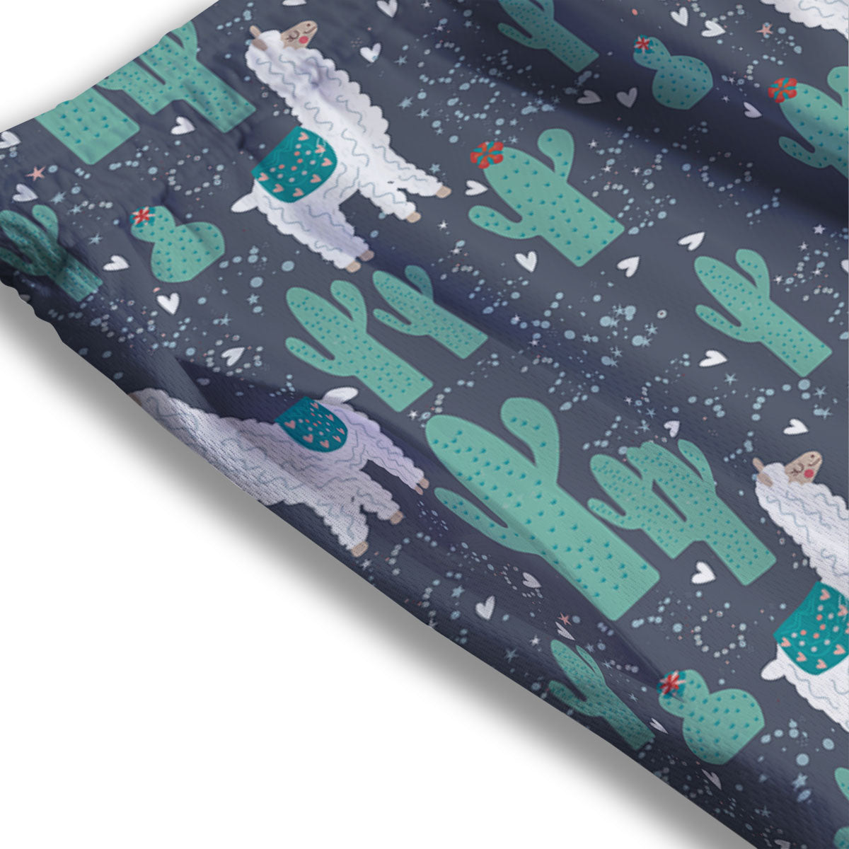 Cactus And Happy Llama Print Pattern Mesh Shorts