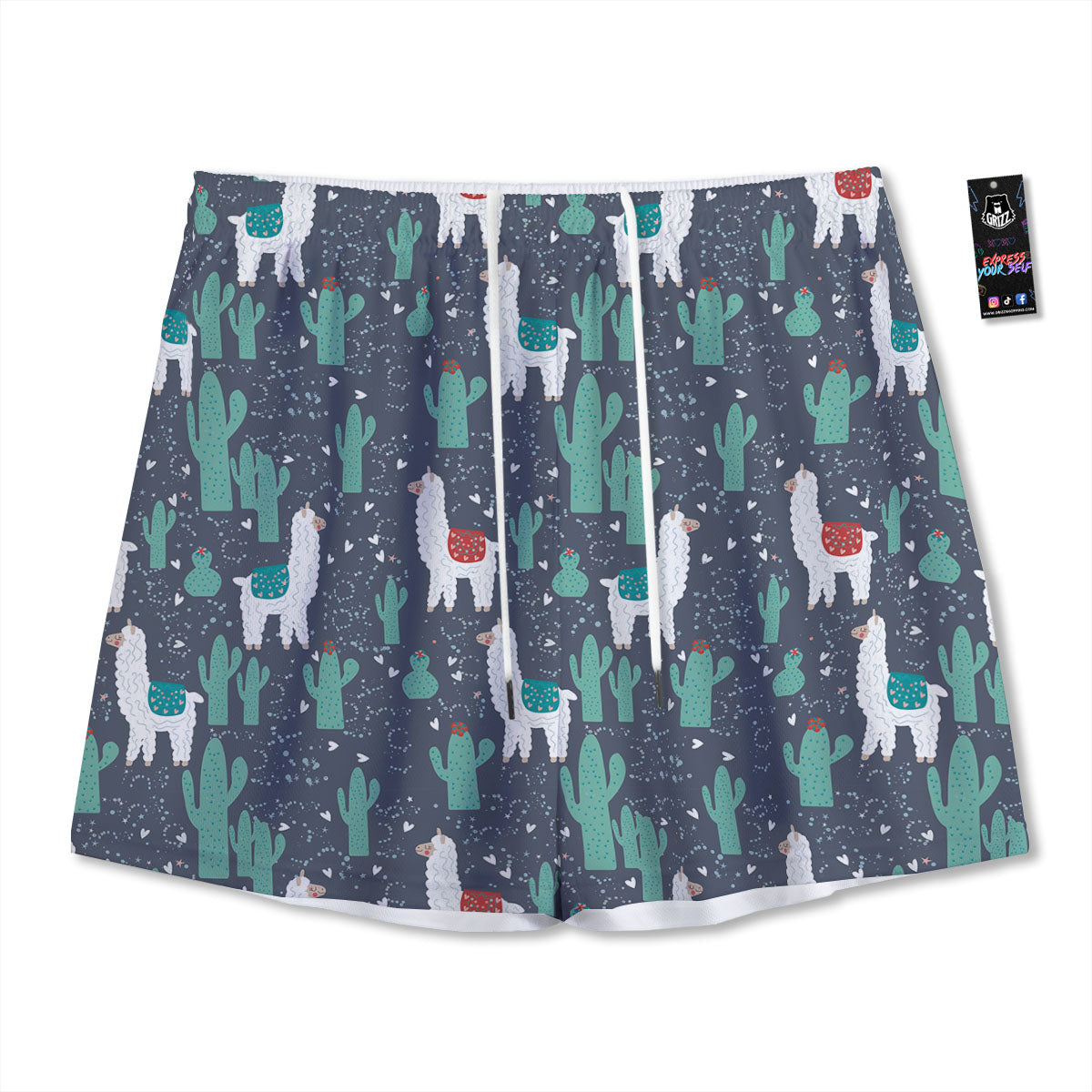 Cactus And Happy Llama Print Pattern Mesh Shorts