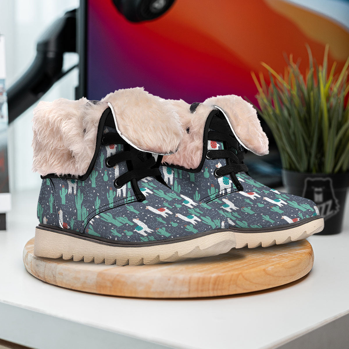 Cactus And Happy Llama Print Pattern Snow Boots-grizzshop